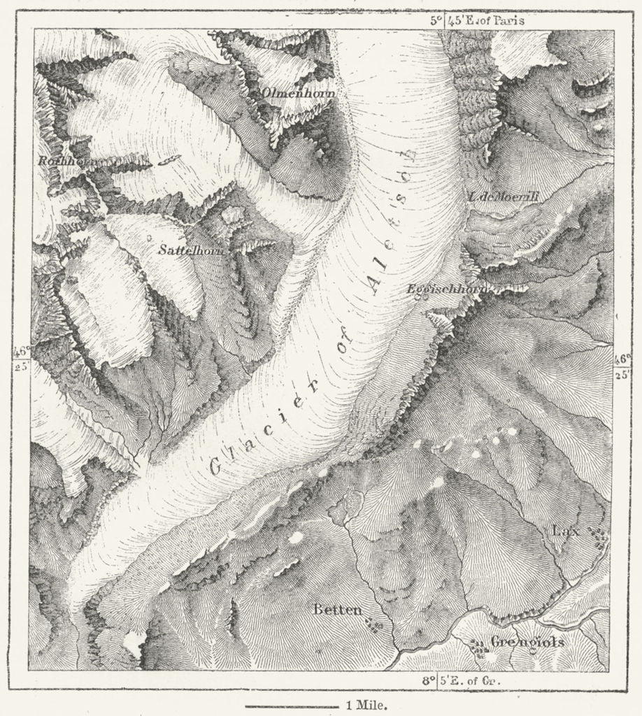 SWITZERLAND. Aletsch Glacier, sketch map c1885 old antique plan chart